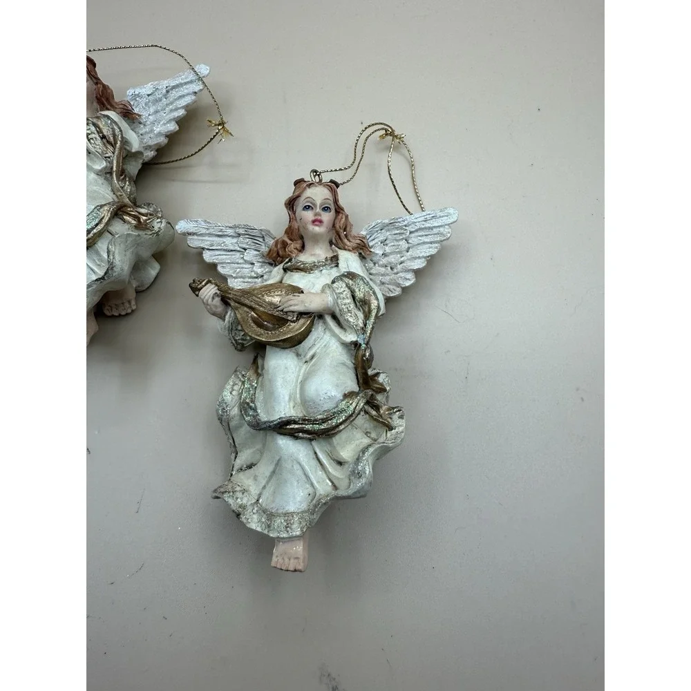 Set Of Two Christmas Angels Playing The‎ Mandolin Vtg Ornaments Holiday Lot